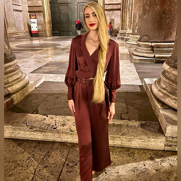 Zimmermann Wonderland Set Silk Blouse and Wide Leg Trousers - Burgundy - Picture 3 of 12